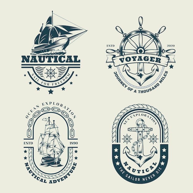 Набор старинных монохромных морских логотипов