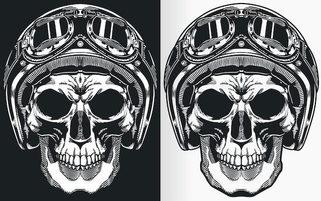 Vintage monochrome skull biker front silhouette