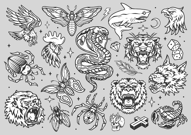 Vector vintage monochrome tattoos collection with angry animals heads insects shark dice cross diamond lightning crescent stars skull with fire from eye sockets