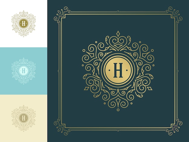 Vintage monogram logo elegant flourishes line art graceful ornaments victorian style  template .