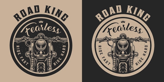 Vintage motor rond embleem met klassieke motorfiets vooraanzicht in zwart-wit stijl