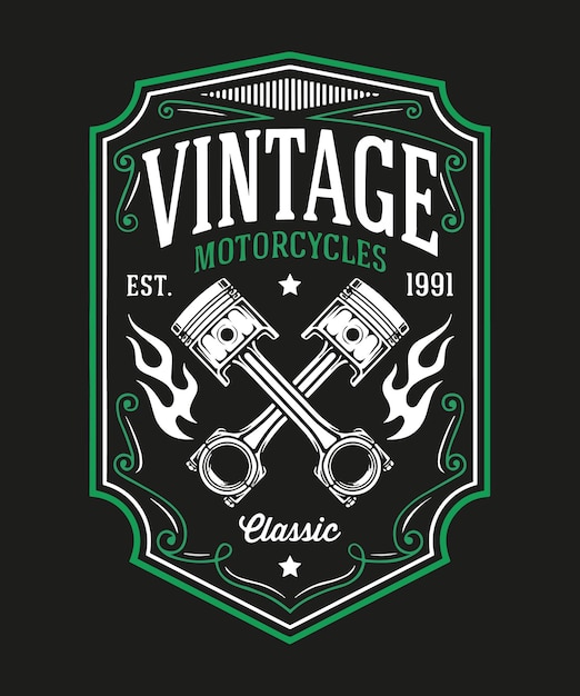 Vintage motorcycle logo with a pair of crossed crossed hot rod heads.