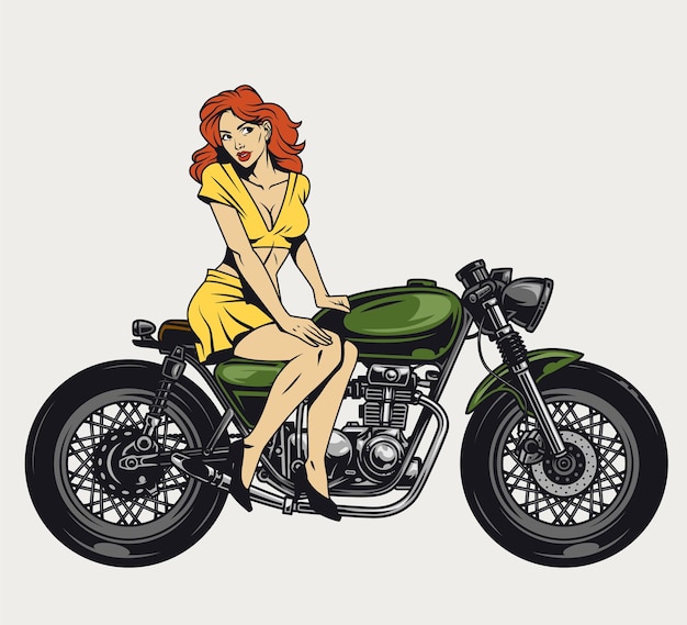 Vettore moto d'epoca bella ragazza pin up con i capelli rossi in abito giallo seduto su una moto isolata