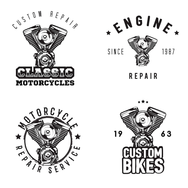 Vintage motorcycle repair logos, motorbike service