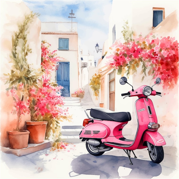 Vintage motorcycle in a tourist town watercolor paint