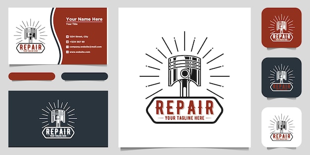 Vintage motorfiets reparatie service label met zuigers vectorillustratie. Logo ontwerp en visitekaartje