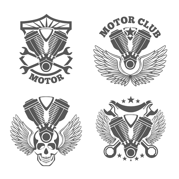 Vintage motorfietsetiketten, badges. Motor logo set. Moersleutel en motor, schedel en cilinder