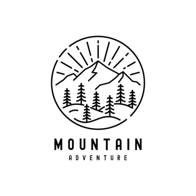 Vector vintage mountain adventure line art logo design