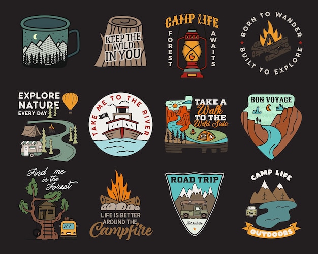 Vintage mountain camp badges logos set, adventure patches. hand drawn stickers designs bundle. travel expedition, backpacking labels. outdoor hiking emblems. logotypes collection. stock vector