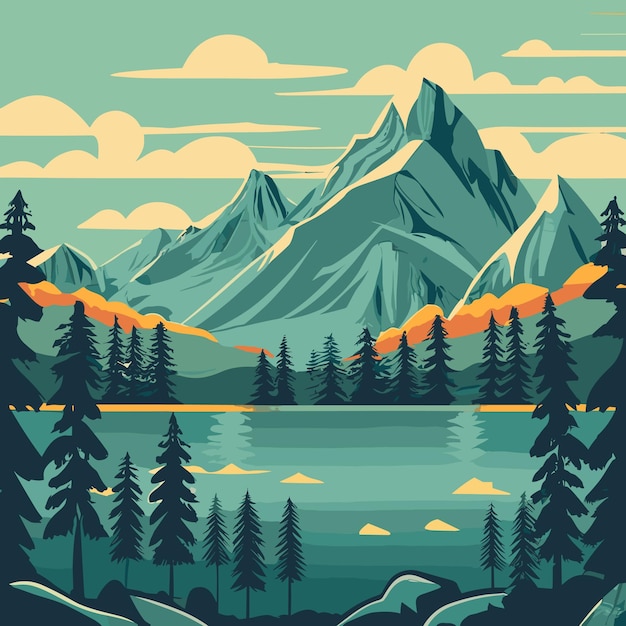 Вектор Винтажный горный пейзаж с солнечными горами и лесом. векторная иллюстрация
