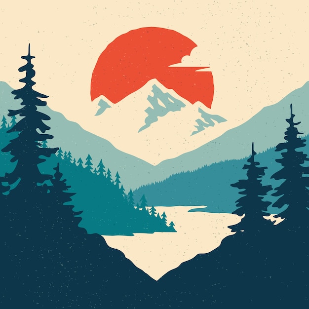 Vintage mountain landscape with sun mountains and forest Vector illustration