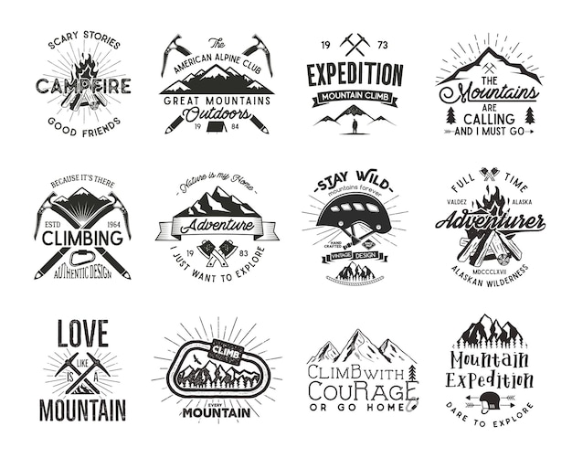 Vintage mountaineering badges. climbing logo, vintage vector emblems. climb alpinism gear - helmet, carabiner, campfire. retro t shirt design. old style illustration. letterpress effect. full set.