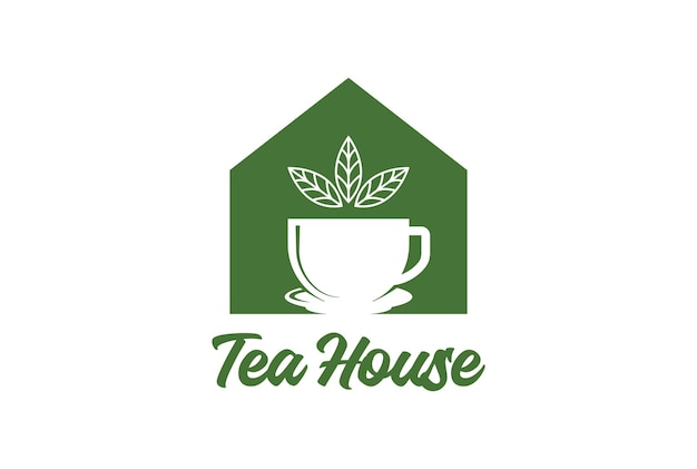 Vettore tazza vintage in foglia di tè con casa per ristorante cafe o logo del prodotto