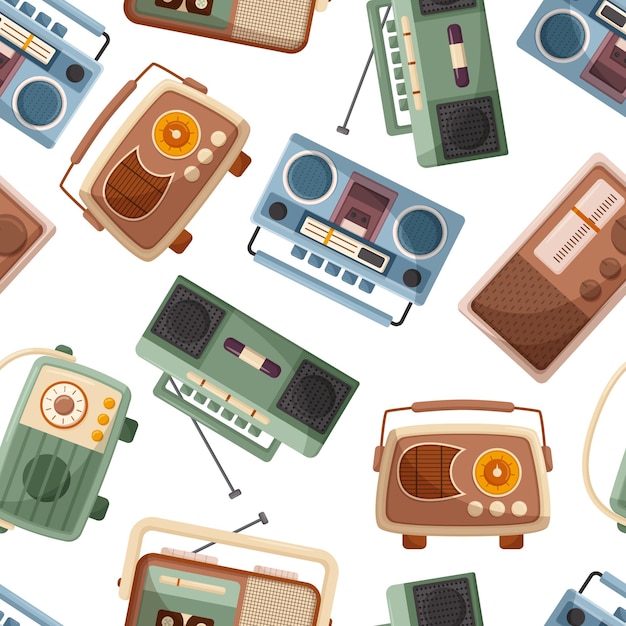 Vector vintage music recorders create a nostalgic seamless pattern capturing the essence of retro music perfect for adding a touch of nostalgia to any design project cartoon vector illustration