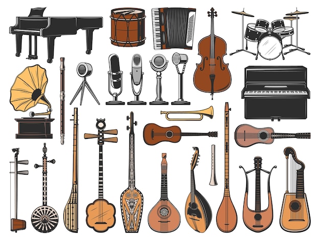 Vintage muziekinstrumenten, retro microfoons en grammofoon. Geïsoleerde vector iconen van piano, drums, cello en gitaar, hoorn, mandoline, tanbur, shamisen en erhu, saz, teer, lier en harp gitaren