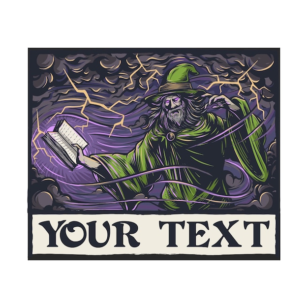 Vector vintage mysterious male wizard spelling characters premium vector