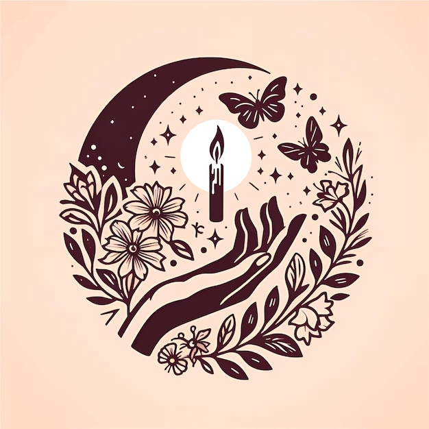 Vintage mystical moonlight illustration mezza luna fiorita fiori di candela mano che tiene una candela