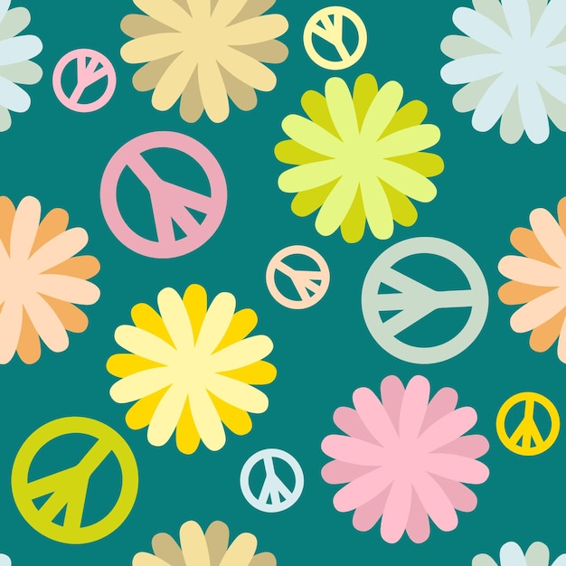 Vintage naadloos patroon met symbool van vrede en bloemen Bloemenprint voor tee textiel en stof Handgetekende vectorillustratie voor decor en design