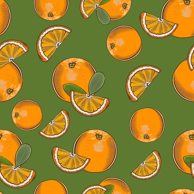Vector vintage naadloze patroon met hele sinaasappelen en segmenten.