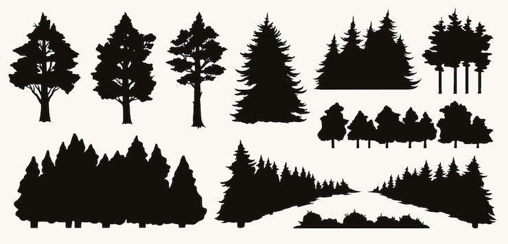 Vector vintage nature elements composition with black trees and bushes silhouettes