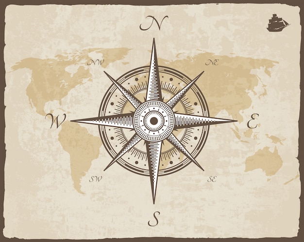 Vector vintage nautical compass. old map vector paper texture with torn border frame. wind rose