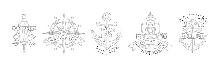 Vector vintage nautical marine element and item linear vector set