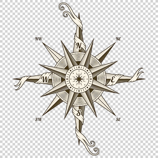 Vintage nautisch kompas. Oud ontwerpelement voor marien thema en heraldiek op transparante achtergrond. Hand getrokken windroos