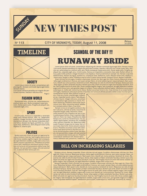 Vector vintage newspaper old realistic pages with headers and place for pictures article layout publication design with column and calligraphic font for headlines vector sheet of newsprint