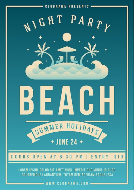 Vintage night club disco summer party poster template paradise island landscape design vector