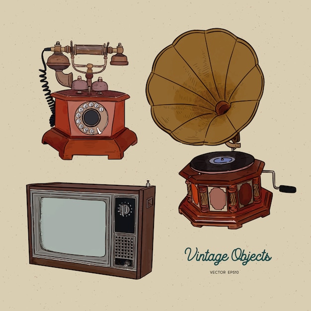 Vintage object set, hand tekenen schets vector.