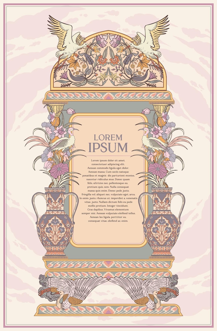 Vector vintage of retro bloemenframe met vogels of ooievaars en vazen voor elegante omslagontwerpen
