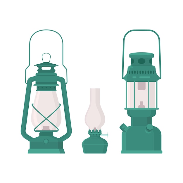 벡터 빈티지 오일 랜턴 세트 흰색 배경에 고립 다른 캠핑 램프 컬렉션