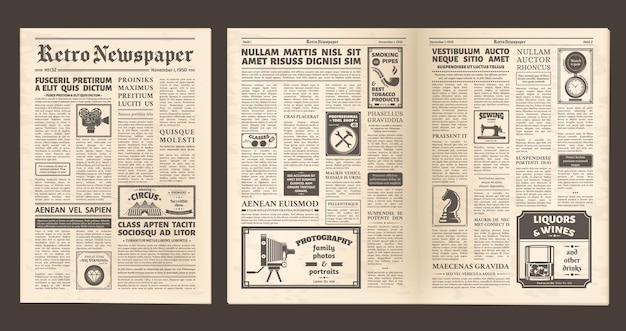 Vintage vecchio giornale a piena pagina, pagine di diffusione retrò. pagina di carta da giornale retrò, notizie editoriali e poster pubblicitari layout di giornale illustrazione vettoriale set. vecchie pagine di giornale