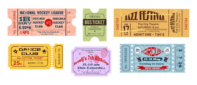 Vintage old tickets and coupons Old paper cardboard texture tickets at cinema amusement