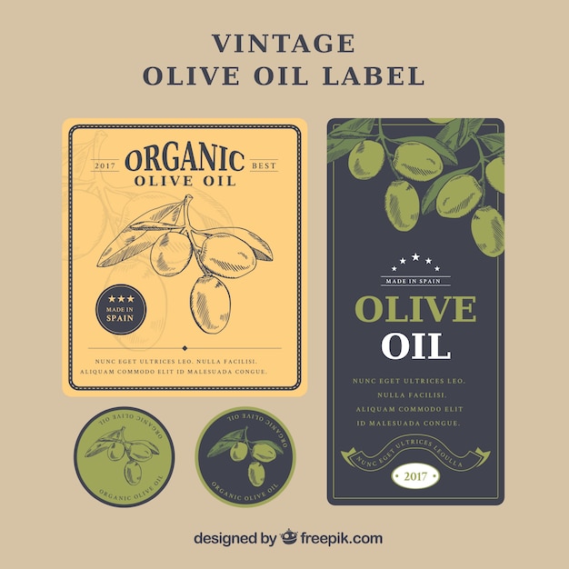 Vintage etichette di olio di oliva con diverse forme