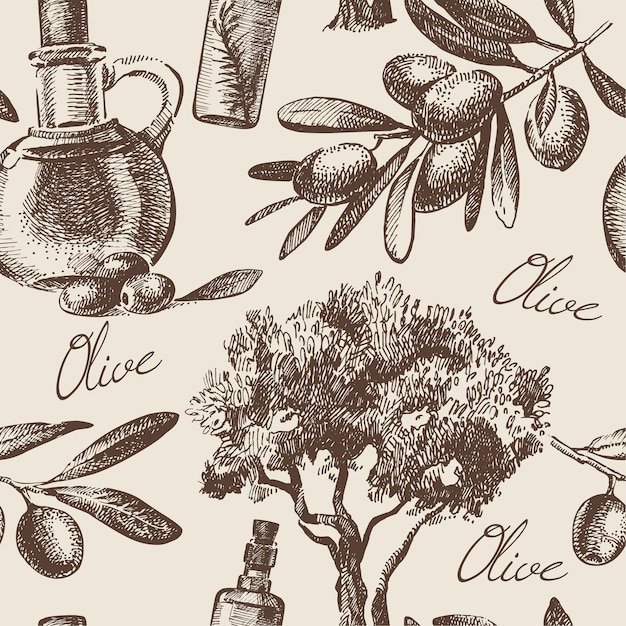 Vintage olive seamless pattern. hand drawn illustration