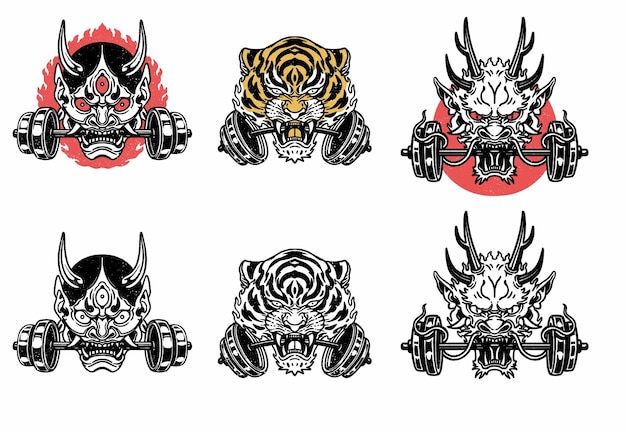 Vintage oni, tiger, and dragon with barbell isolated vector illustration, gym clipart