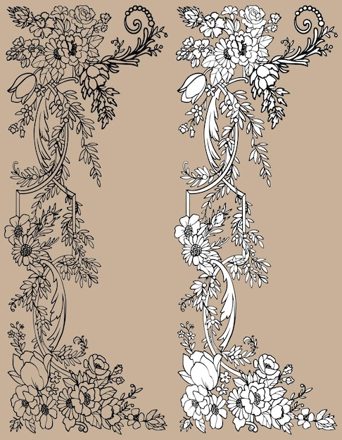 Vintage openwork flower frame vertical spring card vector. Black and white flowering branches.