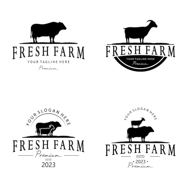 벡터 유기농 가축 농장 로고: 비즈니스 가축 라벨 및 배지를위한 프리미엄 레트로 실루