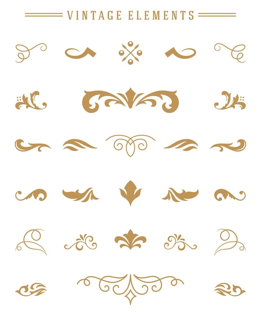 Vector vintage ornaments set floral elements for design invitations greeting cards menu frames and boutique monogram logos vector illustration golden color style