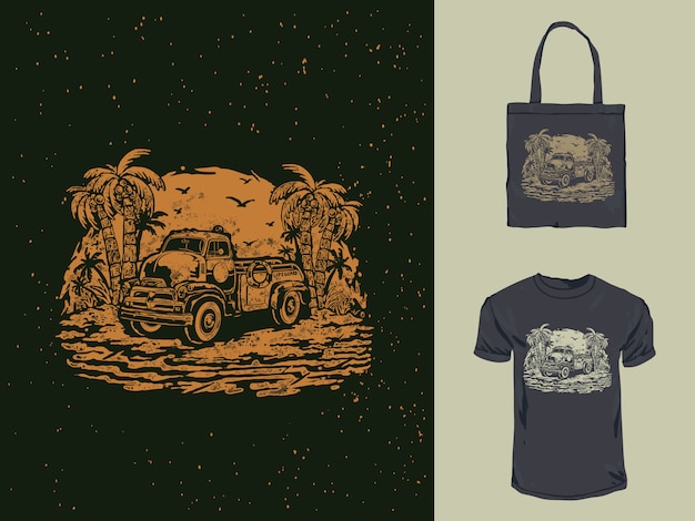 Vintage oude badmeester auto t-shirt ontwerp illustratie