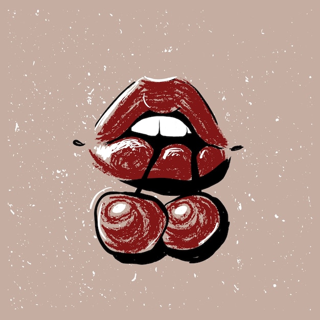 Vettore vintage labbra rosse dipinte con illustrazione di ciliegie