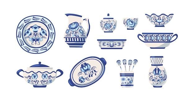 Vector vintage painting crockery set blue porcelain plates bowls and jar decorated by floral pattern