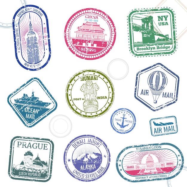 vintage passport travel vector stamps with international symbols and famous trademark