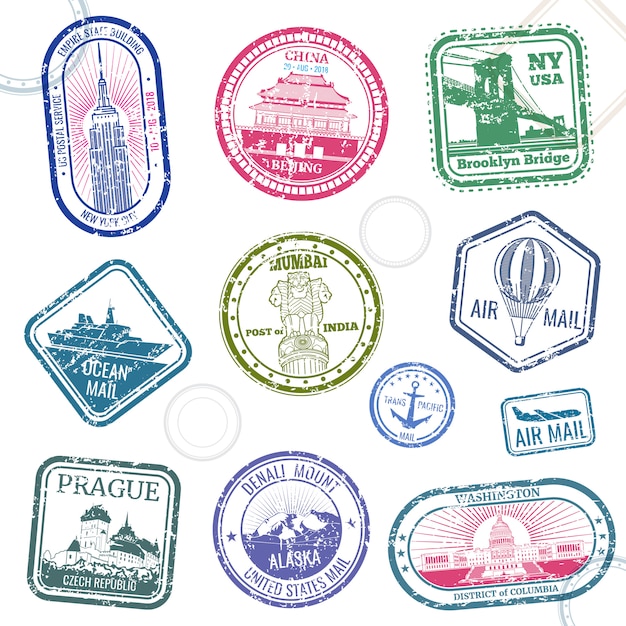 Vector vintage passport travel vector stamps with international symbols and famous trademark