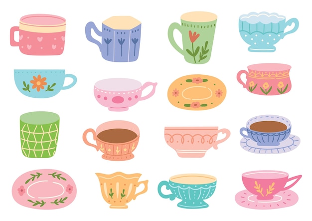 Vintage pastel kleur thee kopje doodles vectorillustratie