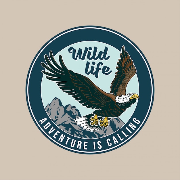 Vector vintage patch,   with classic american wild eagle bird predator in the fly. adventure, travel, summer camping, outdoor, explore, natural.