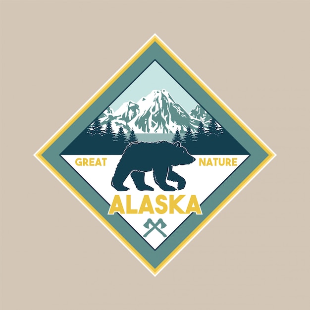 Vector vintage patch with wildlife animal of grizzly bear in alaska forest. adventure, travel, camping, outdoor, natural, wilderness, explore.