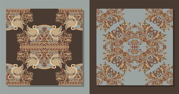 장식 타일 카펫 또는 러그 템플릿을 위한 파스텔 블루와 브라운 꽃무늬가 있는 빈티지 패턴 디자인