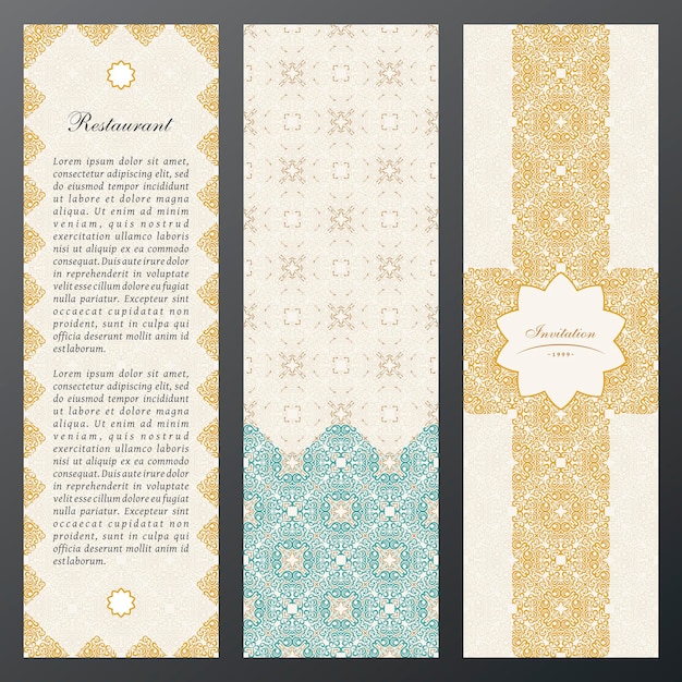 Vintage pattern labels vertical cards in ethnic design Eastern floral frame